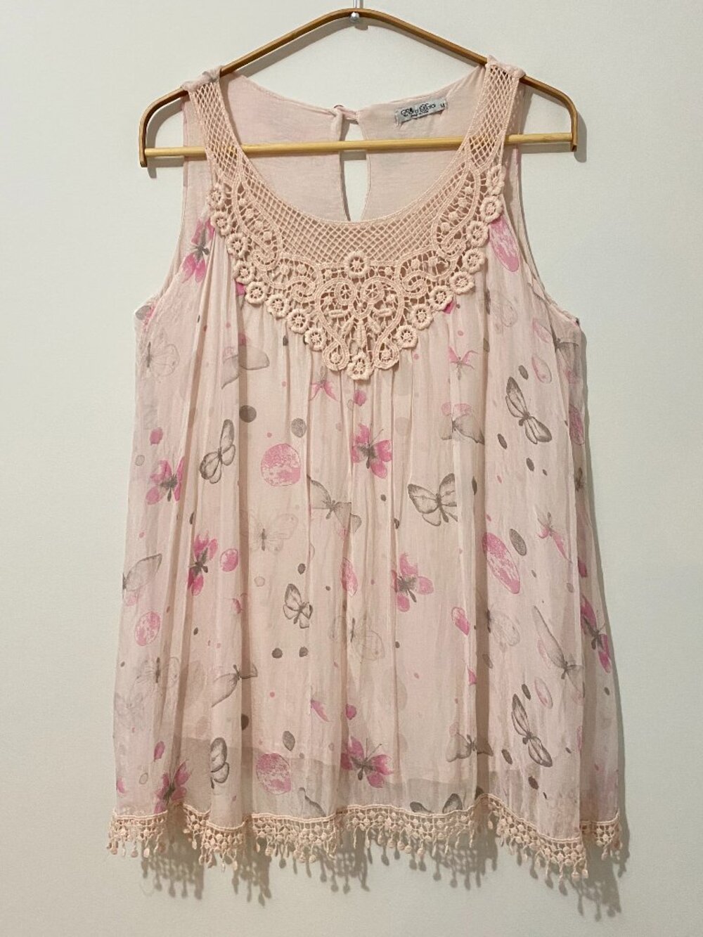 100% Silk Made in Italy Elena Baldi Pink Blouse Top Lace Butterfly Print Flowy